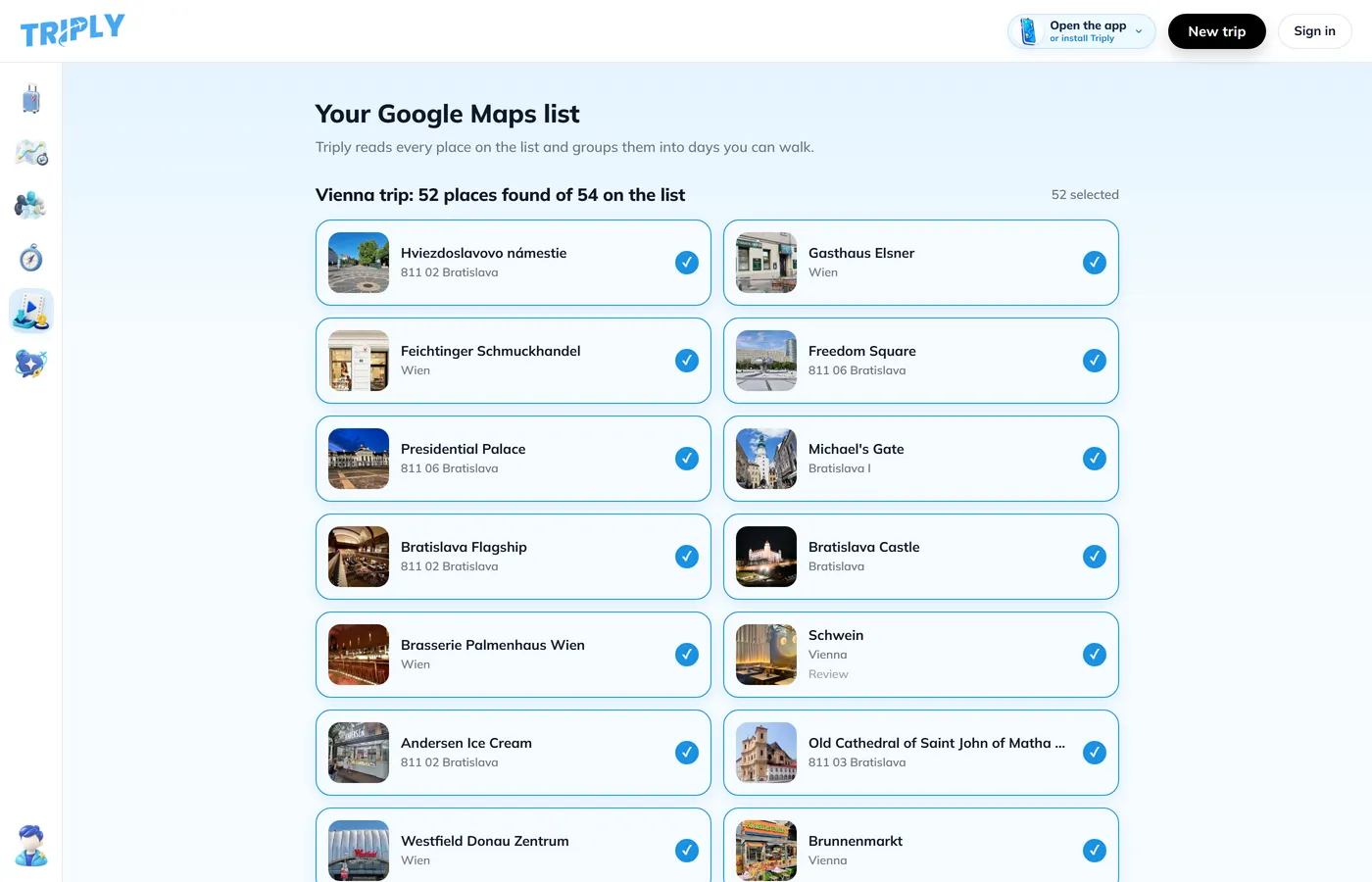 Triply reading a Google Maps list in the browser: 52 of 54 places found, each with a photo and a tick box