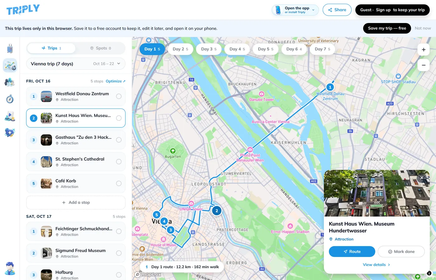 The same Google Maps list as a built trip in Triply: day tabs, day-one stops with photos, and the walking route on the map