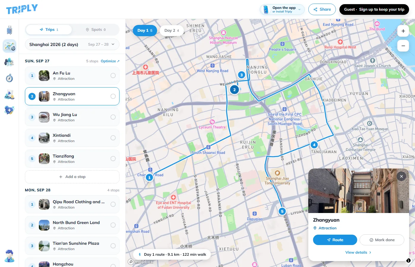A Google Maps saved list turned into a two-day trip in Triply: the stops of each day on the left, the walking route on the map